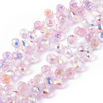 Transparent Electroplate Glass Beads Strands, Faceted, Top Drilled Teardrop, AB Color Plated, Pearl Pink, 8x6~6.5mm, Hole: 0.8mm, about 98~100pcs/strand, 18.90~26.77 inch(48~68cm)