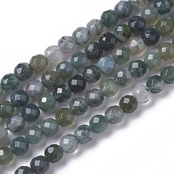 Natural Moss Agate Beads Strands, Faceted, Round, 3~3.5x2.5~3mm, Hole: 0.3mm, about 114~141pcs/strand, 15.1~16.4 inch(38.4~41.8cm)