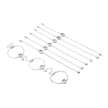304 Stainless Steel Link Chain Bracelet Making, with Lobster Claw Clasps and Flat Round Cabochon Settings, Mixed Style, Stainless Steel Color, Tray: 12mm, 5.62~6.49 inch(14.3~16.5cm)