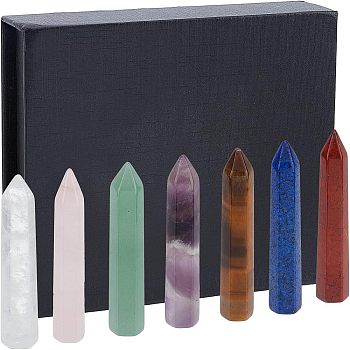 7Pcs Single Terminated Pointed Natural Gemstone Decoraions, Healing Stone Wands, for Reiki Chakra Meditation Therapy Deco, Bullet Shape, with Magnetic Paper Box, 49.5~52x9.5~10x9.5~10mm