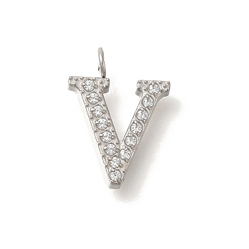 304 Stainless Steel Micro Pave Cubic Zirconia Pendants, Letter A~Z Charms, Letter V, 13x9.5x2mm, Hole: 1.8mm