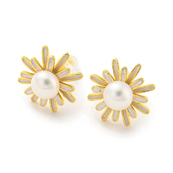 Brass Flower Stud Earrings with Natural Pearl, with 925 Sterling Silver Pins, Real 18K Gold Plated, 15x15mm