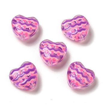 Transparent Glass Beads, with Enamel Wave Pattern, Heart, Violet, 12x12x6.5mm, Hole: 1mm