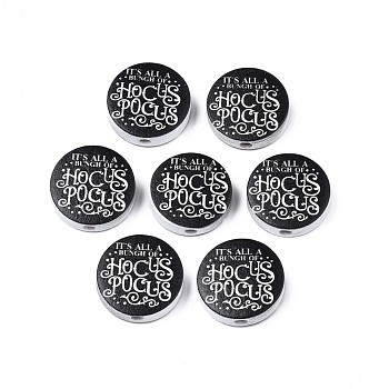Halloween Printed Natural Wood Beads, Flat Round with Word Hocus Pocus, Black, 19~20x5.9mm, Hole: 2~2.2mm