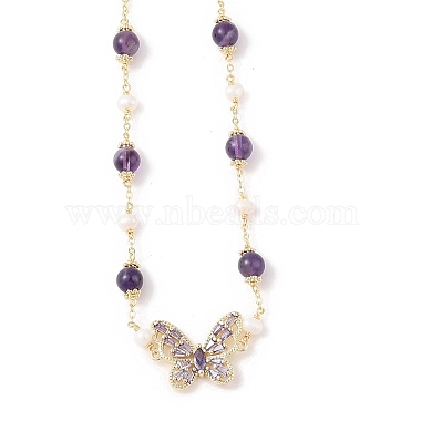 Natural Amethyst & Pearl Beaded Necklaces(NJEW-L119-11G)-2