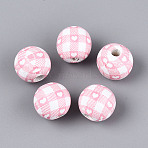 Printed Schima Wood Beads, Round with Heart Pattern, Pink, 14.5~15.5mm, Hole: 3~4.5mm(WOOD-T033-05M)