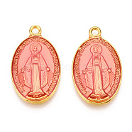 Brass Enamel Pendants, Long-Lasting Plated, Oval with Saint, Golden, Salmon, 25.5x15x2mm, Hole: 2mm(KK-S345-180E)