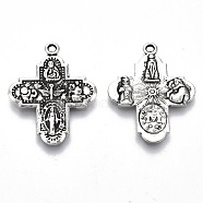 Tibetan Style Alloy Pendants, Cadmium Free & Lead Free, for Religion, Cross with Saint, Antique Silver, 29.5x23x2mm, Hole: 1.5mm, about 445pcs/1000g(TIBE-S320-018AS-LF)