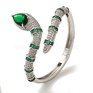 Brass Pave Green & Clear Cubic Zirconia Snake Open Cuff Bangle for Women, Platinum, Inner Diameter: 2-1/8x2-3/8 inch(5.25x5.95cm)(BJEW-K246-10P)