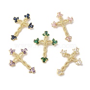 Rack Plating Brass Pave Cubic Zirconia Pendants, Cross Charms, Long-Lasting Plated, Cadmium Free & Lead Free, Real 18K Gold Plated, Mixed Color, 36x25x6mm, Hole: 4x2mm(KK-R144-14G)