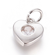 Brass Micro Pave Cubic Zirconia Pendants, with Jump Ring, Long-Lasting Plated, Heart, Clear, Real Platinum Plated, 7.5x7x2mm, Hole: 2.5mm(ZIRC-G166-04P)