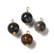 Natural Indian Agate Round Charms with Real 18K Gold Plated Brass Loops, 13.5~14x7.5~8.5mm, Hole: 1.5~1.6mm(KK-P242-09B-G03)
