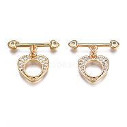 Brass Micro Pave Clear Cubic Zirconia Toggle Clasps, Nickel Free, Heart, Real 18K Gold Plated, Heart: 12.5x12x2mm, Bar: 20x5x2.5mm, Jump Ring: 5x1mm, 3mm inner diameter(KK-Q278-005-NF)