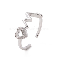 Clear Cubic Zirconia Heart Beat Open Cuff Ring, Brass Jewelry for Women, Platinum, Inner Diameter: 17.6mm(RJEW-G283-12P)