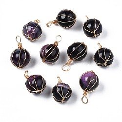 Natural Agate Pendants, with Light Gold Plated Brass Wire Wrapped, Dyed & Heated, Round, Dark Orchid, 34~35x20~21x20~21mm, Hole: 5mm(G-N326-109B)
