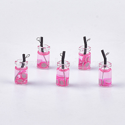 Glass Bottle Pendants, with Resin, Plastic and Iron Findings, Fruit Tea Charms, Platinum, Hot Pink, 25~28x10mm, Hole: 1.8mm(X-CRES-N017-06J)
