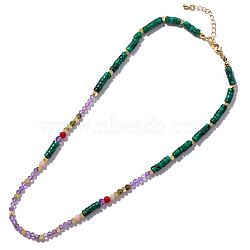 Brass & Natural Malachite & Natural Amethyst Beaded Necklace for Women(HJ1573)