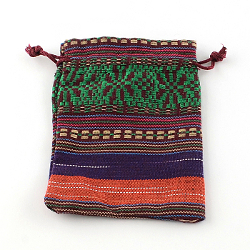 Ethnic Style Cloth Packing Pouches Drawstring Bags, Rectangle, Purple, 14x10cm