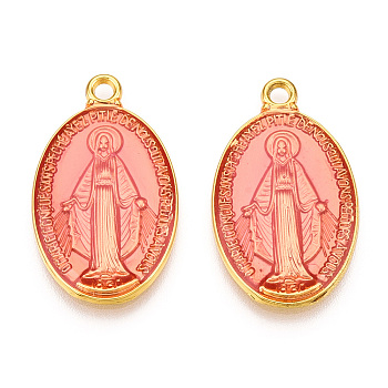 Brass Enamel Pendants, Long-Lasting Plated, Oval with Saint, Golden, Salmon, 25.5x15x2mm, Hole: 2mm