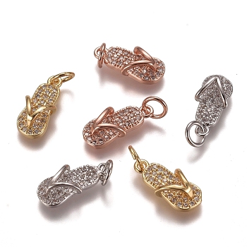 Brass Micro Pave Clear Cubic Zirconia Charms, with Jump Rings, Flip-Flops/Chancla, Mixed Color, 15x7x4mm, Hole: 3mm