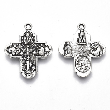 Tibetan Style Alloy Pendants, Cadmium Free & Lead Free, for Religion, Cross with Saint, Antique Silver, 29.5x23x2mm, Hole: 1.5mm, about 445pcs/1000g