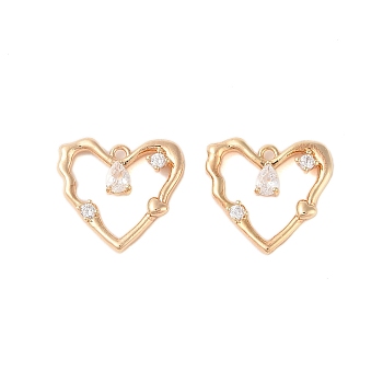 Brass Pendants with Clear Glass, Heart, Real 18K Gold Plated, 15.5x17x3mm, Hole: 1.4mm