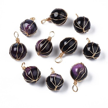 Natural Agate Pendants, with Light Gold Plated Brass Wire Wrapped, Dyed & Heated, Round, Dark Orchid, 34~35x20~21x20~21mm, Hole: 5mm