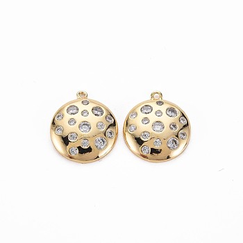 Brass Micro Pave Clear Cubic Zirconia Charms, Nickel Free, Flat Round, Real 18K Gold Plated, 15x13.5x3mm, Hole: 1mm