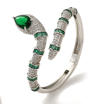 Brass Pave Green & Clear Cubic Zirconia Snake Open Cuff Bangle for Women, Platinum, Inner Diameter: 2-1/8x2-3/8 inch(5.25x5.95cm)