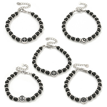 304 Stainless Steel & Glass Round Beaded Bracelets for Women, Black, Mixed Shapes, 6-7/8 inch(17.4cm)