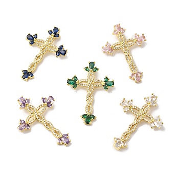 Rack Plating Brass Pave Cubic Zirconia Pendants, Cross Charms, Long-Lasting Plated, Cadmium Free & Lead Free, Real 18K Gold Plated, Mixed Color, 36x25x6mm, Hole: 4x2mm