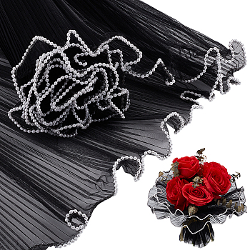 Polyester Flower Bouquet Wrapping Mesh Paper, with ABS Plastic Imitation Pearl Edge, Bouquet Packaging Paper Wrinkled Wavy Net Yarn, for Valentine's Day, Wedding, Birthday Decoration, Black, 270mm, 3.77~4m/Bag