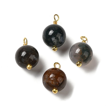 Natural Indian Agate Round Charms with Real 18K Gold Plated Brass Loops, 13.5~14x7.5~8.5mm, Hole: 1.5~1.6mm