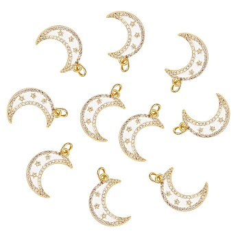 10Pcs Brass Micro Pave Clear Cubic Zirconia Pendants, with Enamel and Brass Jump Rings, Golden, Moon, Creamy White, 21x14x3mm, Jump Ring: 5x1mm, 3mm inner diameter