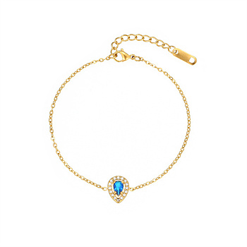 Cubic Zirconia Teardrop Link Bracelet with Golden Stainless Steel Cable Chains, Dodger Blue, 6-1/4 inch(16cm)