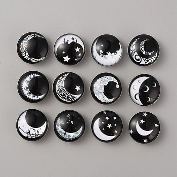 Platinum Plated Brass Jewelry Snap Buttons, with Glass Cabochons, Half Round/Dome, Moon Pattern, 18.5x9mm, Knob: 5.7mm, 12pcs/set