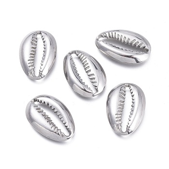 304 Stainless Steel Beads, Cowrie Shell Shape, Stainless Steel Color, 19x12.5x3mm, Hole: 16.5x3mm