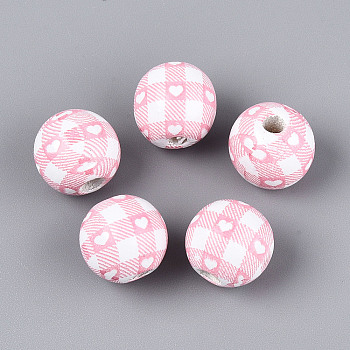 Printed Schima Wood Beads, Round with Heart Pattern, Pink, 14.5~15.5mm, Hole: 3~4.5mm