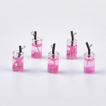 Glass Bottle Pendants, with Resin, Plastic and Iron Findings, Fruit Tea Charms, Platinum, Hot Pink, 25~28x10mm, Hole: 1.8mm