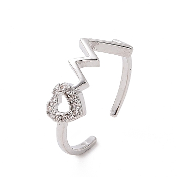 Clear Cubic Zirconia Heart Beat Open Cuff Ring, Brass Jewelry for Women, Platinum, Inner Diameter: 17.6mm