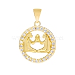 Brass Micro Pave Cubic Zirconia Pendants, Flat Round with Constellation Charm, Real 18K Gold Plated, Gemini, 16mm(PW-WG33873-03)
