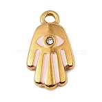 304 Stainless Steel Enamel Pendants, Hamsa Hand with Evil Eye Charms, with Rhinestone, Golden, Pink, 16.5x9x2.5mm, Hole: 1.6mm(STAS-Z199-01G-01)