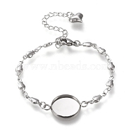 Valentine's Day 304 Stainless Steel Bracelet Making, with Lobster Claw Clasps, Flower Link Chains and Flat Round Cabochon Settings, Stainless Steel Color, Tray: 12mm, 6-3/8 inch(16.2cm)(STAS-L248-007P-B)