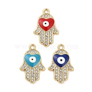 Golden Plated Alloy Enamel Pendants, with Rhinestone, Long-Lasting Plated, Hamsa Hand with Heart & Evil Eye Charm, Mixed Color, 22.5x14.5x3mm, Hole: 2mm(ENAM-K069-35G)