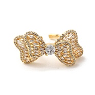Brass Pave Cubic Zirconia  Open Cuff Rings for Women, Bowknot, Real 18K Gold Plated, US Size 6 3/4(17.1mm)(RJEW-M169-04G)