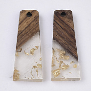 Transparent Resin & Walnut Wood Pendants, with Gold Foil, Waxed, Trapezoid, Gold, 30x12x3.5mm, Hole: 2mm(RESI-S358-59-A01)