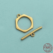 Rack Plating 925 Sterling Silver Toggle Clasps, Hexagon, Real 18K Gold Plated, Hexagon: 13.2mm, Hole: 1.4mm, Bar: 16.8mm, Hole: 1.4mm(STER-NH0001-37G)