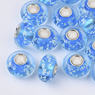 Handmade Lampwork European Beads, Large Hole Beads, with Brass Silver Color Plated Single Cores, Luminous, Rondelle, Dodger Blue, 14x7.5mm, Hole: 4mm(X-LAMP-S193-006)