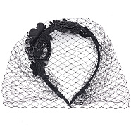 Bridal Flower Rhinestone Mesh Veil Cloth Hair Bands, Hair Accessories for Women Masquerade Party, Black, 142x116x7mm(OHAR-WH0001-14B)