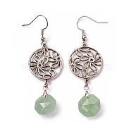 Natural Green Aventurine Dangle Earrings, with Brass Pins and Alloy Pendants, Flat Round with Flower, 62mm, Pendant: 45x20mm, Pin: 0.6mm(EJEW-I225-A03)